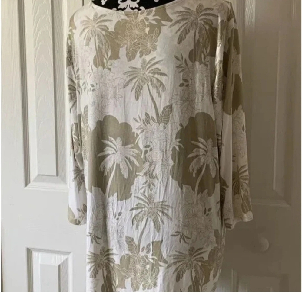 Palm Grove Women's 3X White And Green Floral 3/4 Sleeve Scoop Neck Blouse Casual
